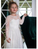 Long Sleeves Ivory Eyelash Lace Slit Back Flower Girl Dress